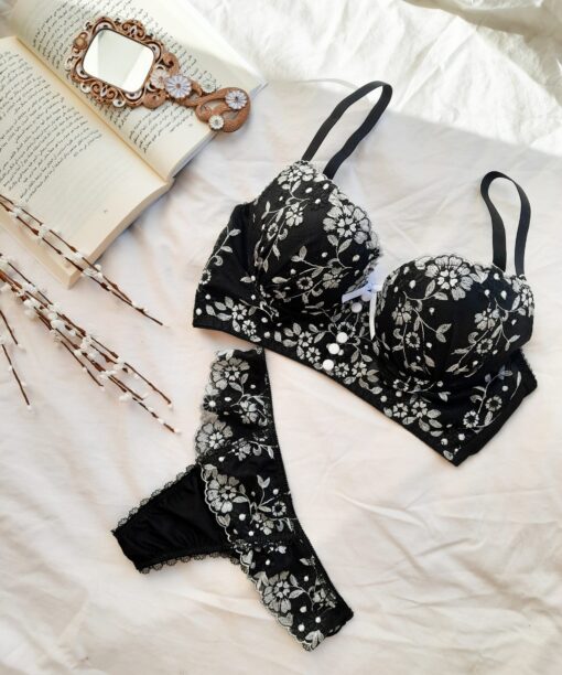 Soutien De Gorge et String en Noir Argenté