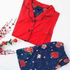 Pyjama Chemise et Short Coton Rouge Bleu