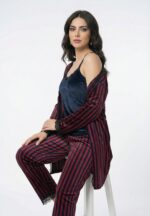 Pyjama 3 Pièces Velours Soft Rouge Bleu marine Rayé