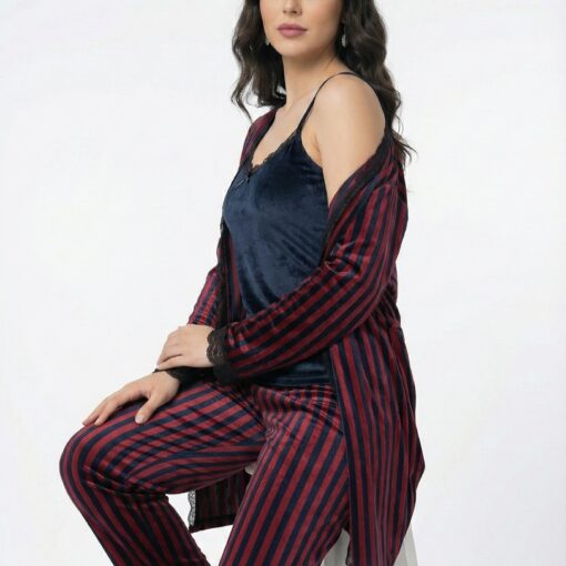 Pyjama 3 Pièces Velours Soft Rouge Bleu marine Rayé