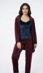 Pyjama 3 Pièces Velours Soft Rouge Bleu marine Rayé – Image 2