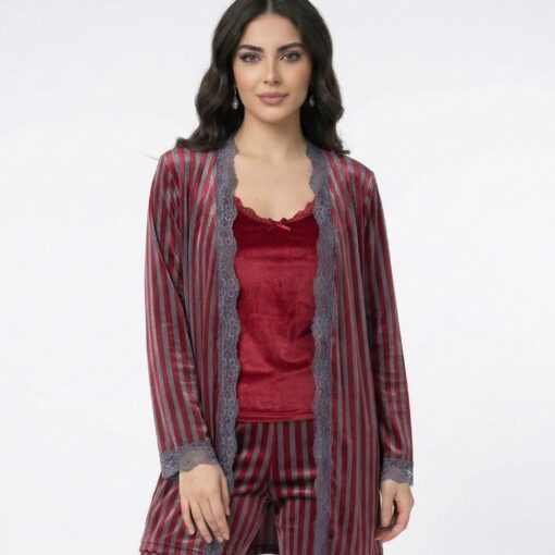 Pyjama 3 Pièces Velours Soft Rouge Gris Rayé