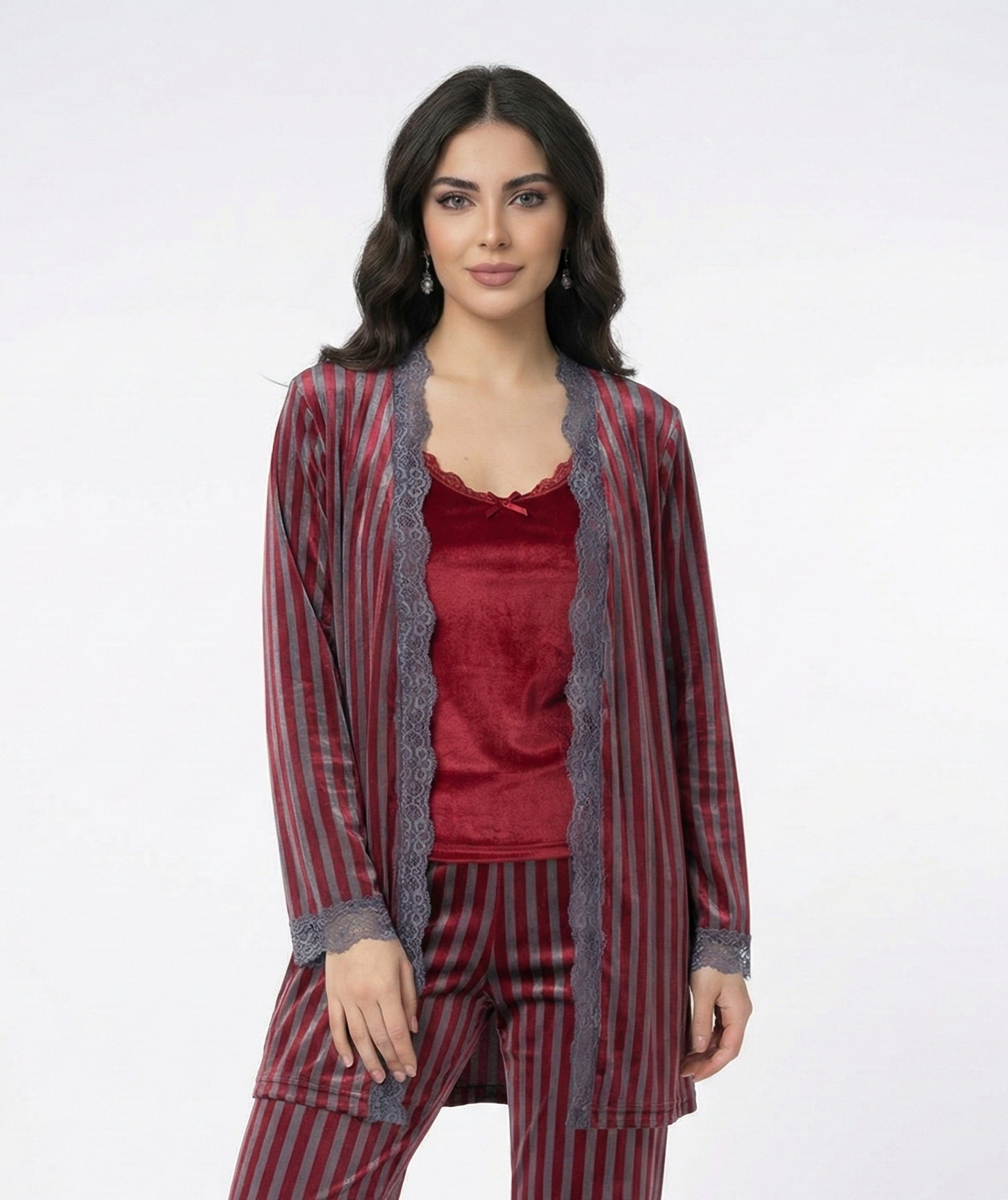 1765699603512 Pyjama 3 Pièces Velours Soft Rouge Gris Rayé – Image 1