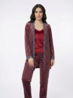 Pyjama 3 Pièces Velours Soft Rouge Gris Rayé – Image 3