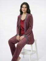 Pyjama 3 Pièces Velours Soft Rouge Gris Rayé – Image 2