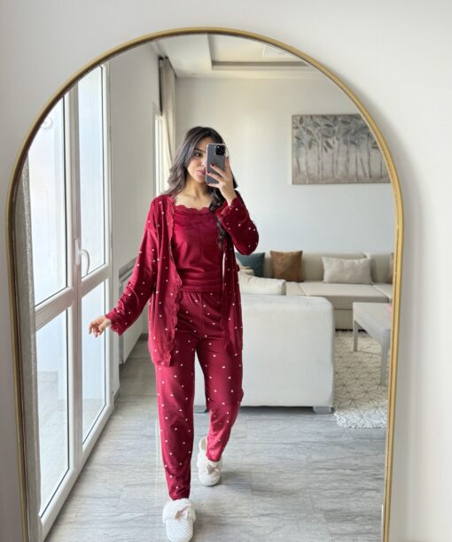 Pyjama 3 Pièces Velours Soft Rouge Pointillé (Pois Blanc)