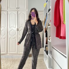 Pyjama 3 Pièces Velours Soft Bleu Marine Pointillé Ou Noir Pointillé