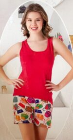 Pyjama Short Coton Sans Manches Rouge – Image 2