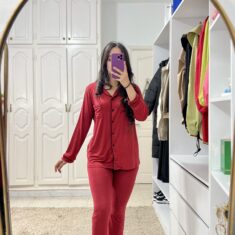 Pyjama Chemise Coton Viscose Doux Rouge Pointillé Noir