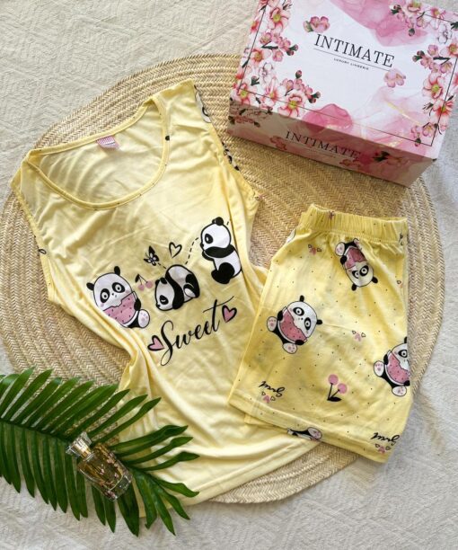 Pyjama Short Coton Sans Manches Jaune Panda