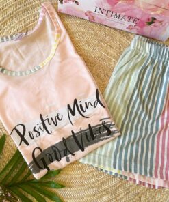 Pyjama Short Coton Sans Manches Rose " Positive Mind...Good Vibes"