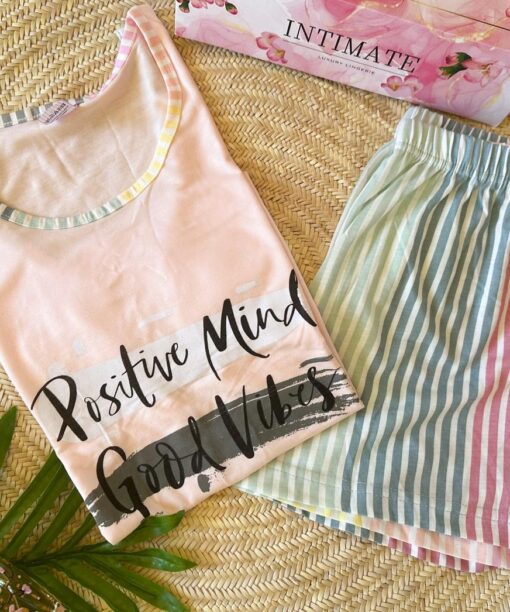 Pyjama Short Coton Sans Manches Rose " Positive Mind...Good Vibes"