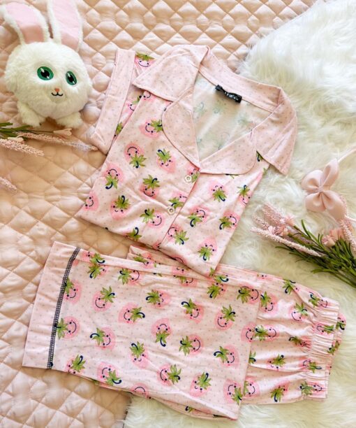 Pyjama Chemise Coton Rose Imprimé Fraises