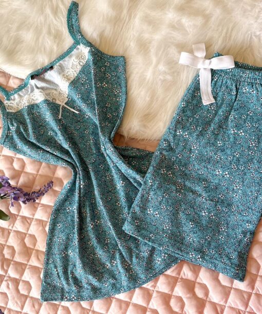 Pyjama Short Coton Sans Manche Bleu Turquoise Fleui