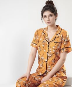 Pyjama Chemise Coton Orangé Fleuri