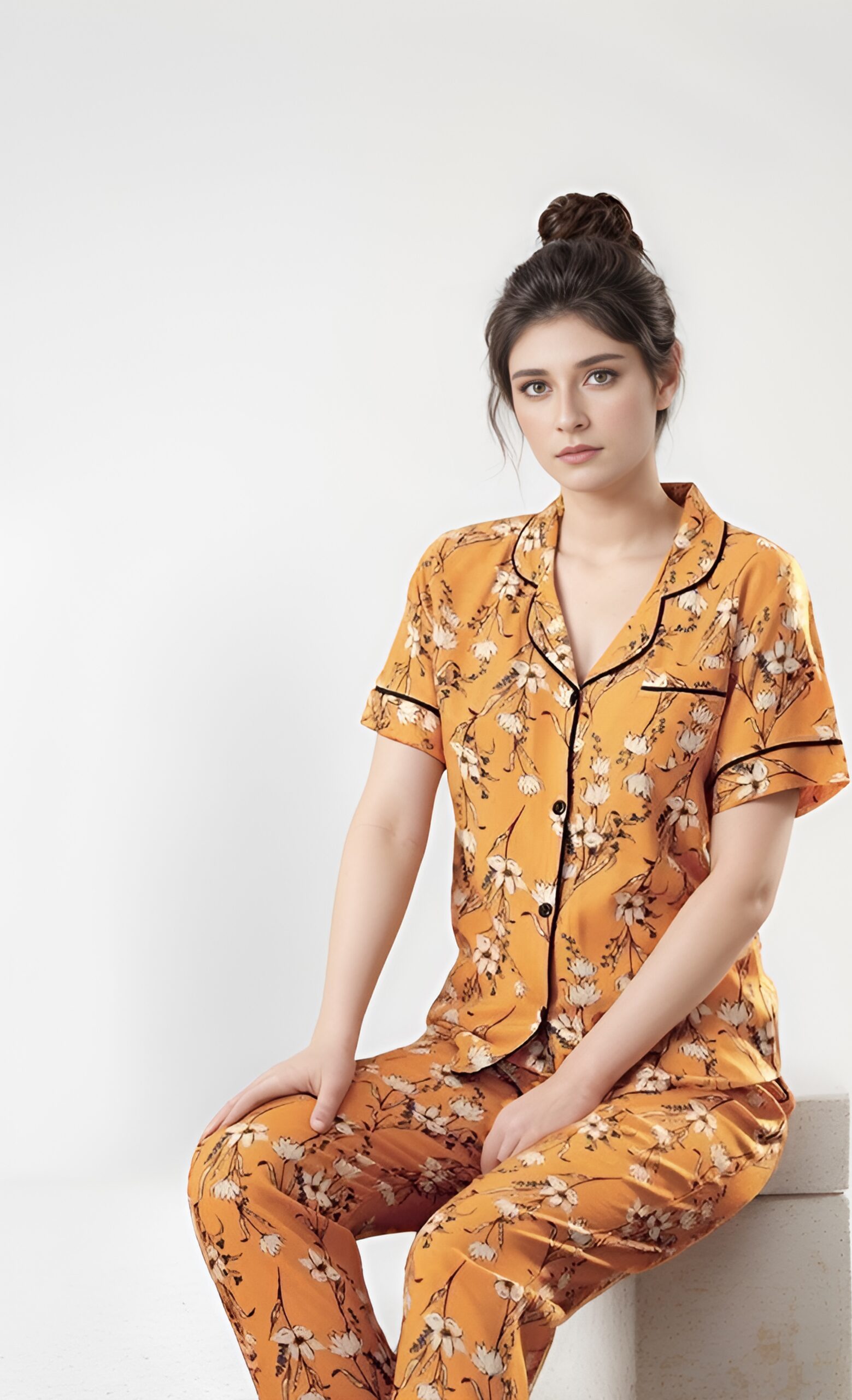 16BEE506-7915-4826-BB31-EADC3AE7686F Pyjama Chemise Coton Orangé Fleuri – Image 1