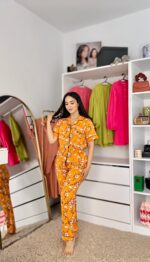 Pyjama Chemise Coton Orangé Fleuri – Image 2