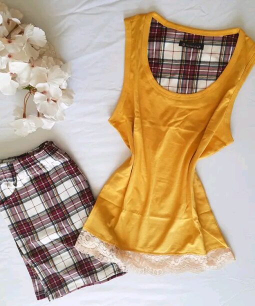 Pyjama Short Coton Jaune Carreaux
