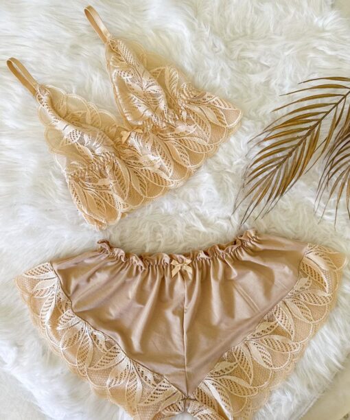 Bustier et Short Satin en Dentelle Champagne
