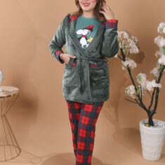 Pyjama 3 Pièces Polaire & Coton Vert doux & Rouge Carreaux