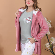 Pyjama 3 Pièces Polaire & Coton Vert Doux & Rose