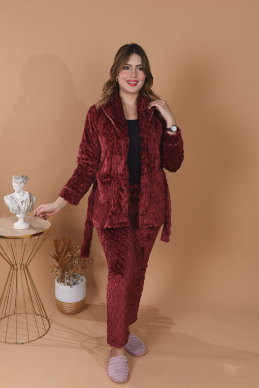 Pyjama Polaire Robe de Chambre & Pantalon Rouge Bordeaux – Image 5