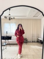Pyjama Polaire Robe de Chambre & Pantalon Rouge Bordeaux