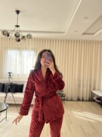 Pyjama Polaire Robe de Chambre & Pantalon Rouge Bordeaux – Image 2