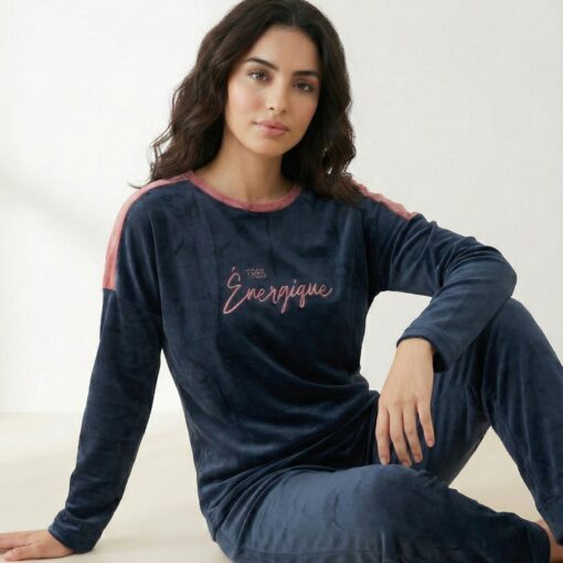Pyjama Velours Bleu Marine ou Noir "Très Énergique"
