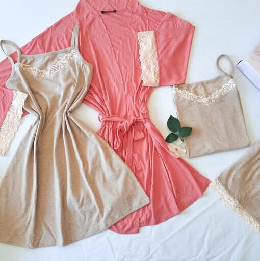 Pyjama 4 Pièces Corail & Beige