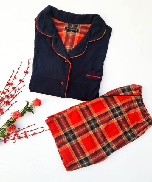 Pyjama Chemise et Short Coton Bleu Carreaux Rouge