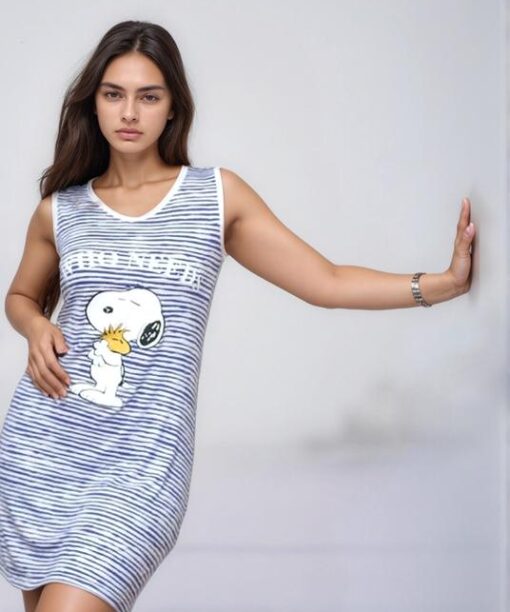 Pyjama Robe Sans Manches Coton Snoopy Rayé Violet