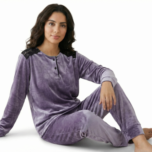 Pyjama Velours Lilas & Dentelle Noire