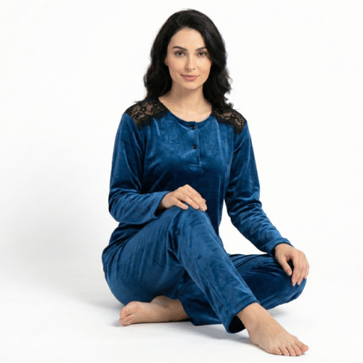 Pyjama Velours Bleu & Dentelle Noire