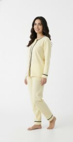 Pyjama Chemise Coton Jaune Citron Avec Dentelle Noire – Image 3