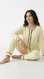 Pyjama Chemise Coton Jaune Citron Avec Dentelle Noire
