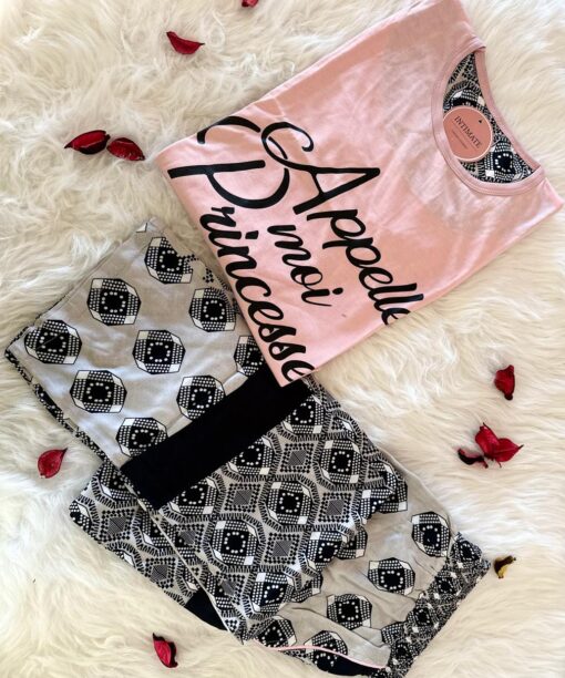 Pyjama Coton & Satin Noir et Rose "Appelle Moi Princesse"