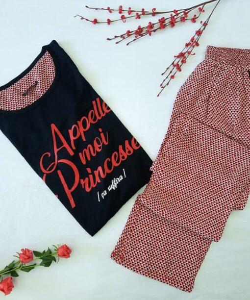 Pyjama Coton & Satin Noir & Rouge "Appelle Moi Princesse"