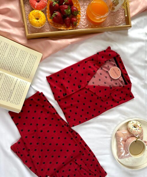 Pyjama Chemise Coton Rouge Bordeaux Pointillé Noir