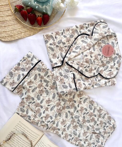 Pyjama Chemise Demi Manches Coton Blanc Fleuri