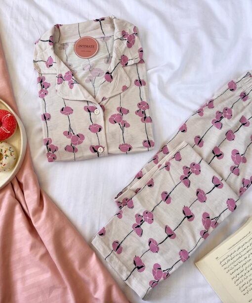 Pyjama Chemise Coton Beige Imprimé Fleurs