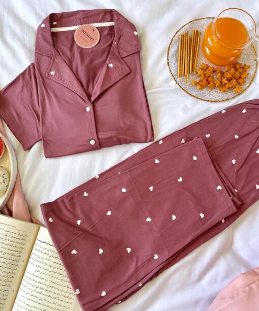 Pyjama Chemise Demi Manches Coton Rose Imprimé Cœurs