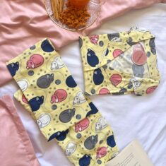 Pyjama Chemise Demi Manches Coton Jaune Imprimé Chats