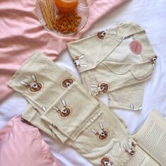 Pyjama Chemise Demi Manches Coton Beige Imprimé  Chiens