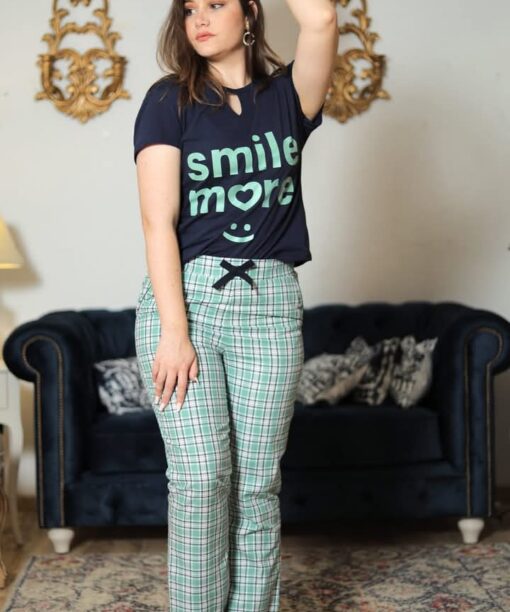 Pyjama Coton Carreaux Noir "Smile More"