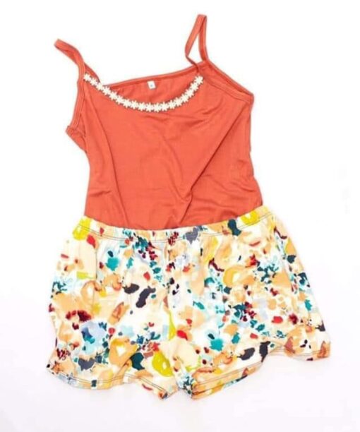 Pyjama Short Coton Orangé Fleuri