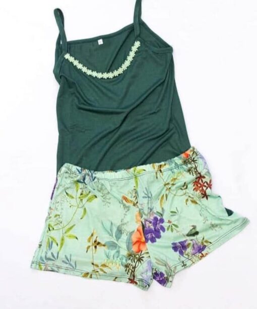Pyjama Short Coton Vert Fleuri