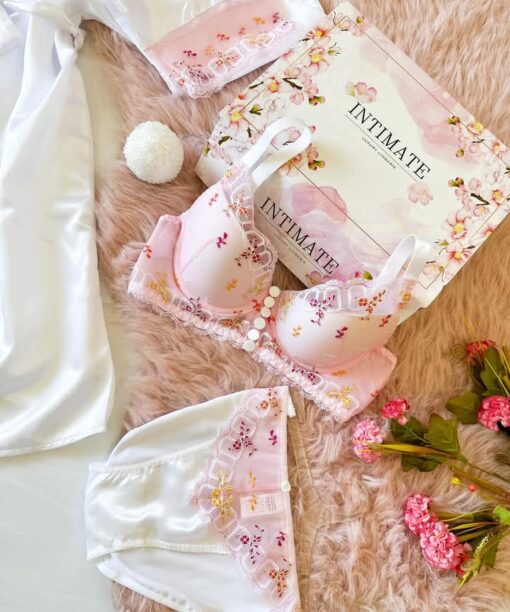Soutien De Gorge & Culotte en Blanc Dentelle Rose Fleuri