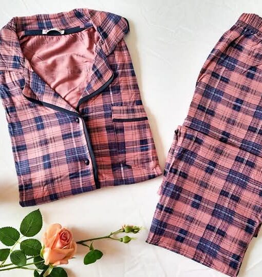 Pyjama Chemise Coton Rose Carreaux