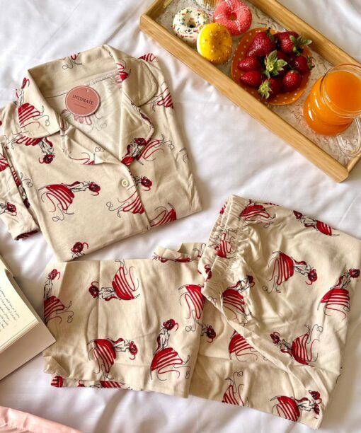 Pyjama Chemise Coton Beige Imprimé Rouge
